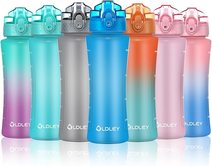 OLDLEY Kids Water Bottle with Straw 15 oz BPA-Free Leak-Proof Motivational Water Bottles with Time Marker for School Sports Travel Gym, Easy to Use for Girls Goys, 1 Straw Lid, Lake