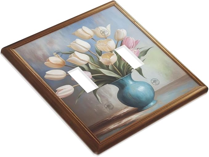 Decorative Art Light Switch Covers Tulips In Vase 2 Gang Double Toggle Wall Plate Decorative Switchcover Electrical Switchplate for Home Decor