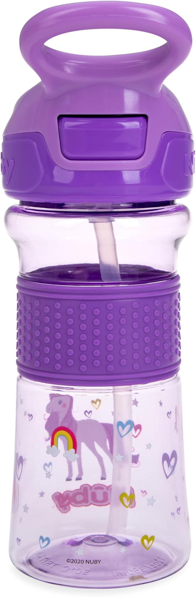 Nuby Thirsty Kids Push Button Flip-it Soft Spout on The Go Water Bottle with Easy Grip Band, 12oz, Unicorn