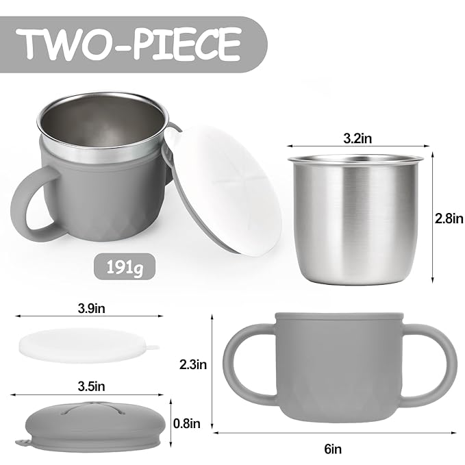 Toddler Snack Containers Stainless Steel Spill-Proof Snack Containers for Toddlers with Spill-Proof Silicone Lids and Handles 4-in-1 Baby Snack Cup is Dishwasher Safe for Easy use On The Go（Grey）