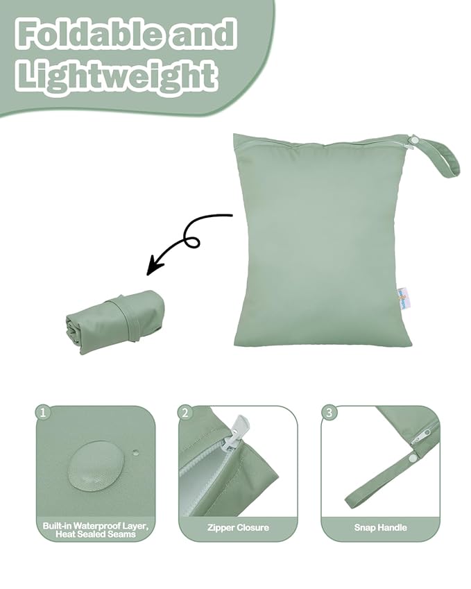 babygoal Wet Bag for Swimsuits, Waterproof Bag for Travel, Food Storage, Stroller, Daycare, Baby Diapers, Yoga, Beach, Pool, Wet Clothes-Bean Green