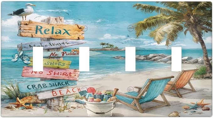 Ocean Beach Tropical Palm Tree Coastal Seaside Light Switch Covers Quad Toggle Electrical Faceplate 4 Gang Wall Plate Decorative Switch Plates Cover for Kids Room Living Room Decor