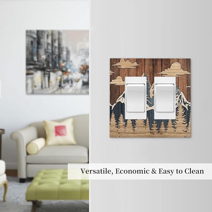 Blue Mountain Range Forest Nature Wilderness Wood Texture Decorative Outlet Covers 2 Gang Double GFCI Rocker Electrical Wall Panels Light Switch Cover Plate for Farmhouse Home Decor