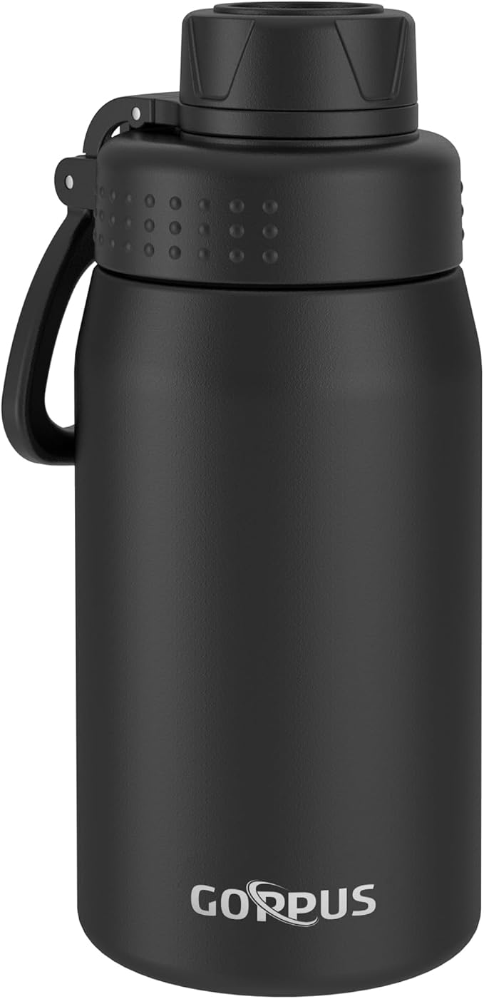 GOPPUS 15oz Kids Water Bottle with Spout Lid, Toddler Water Bottle, Stainless Steel Insulated Water Bottle, Leakproof, BPA Free, Suitable for Boys and Girls for School（Black）