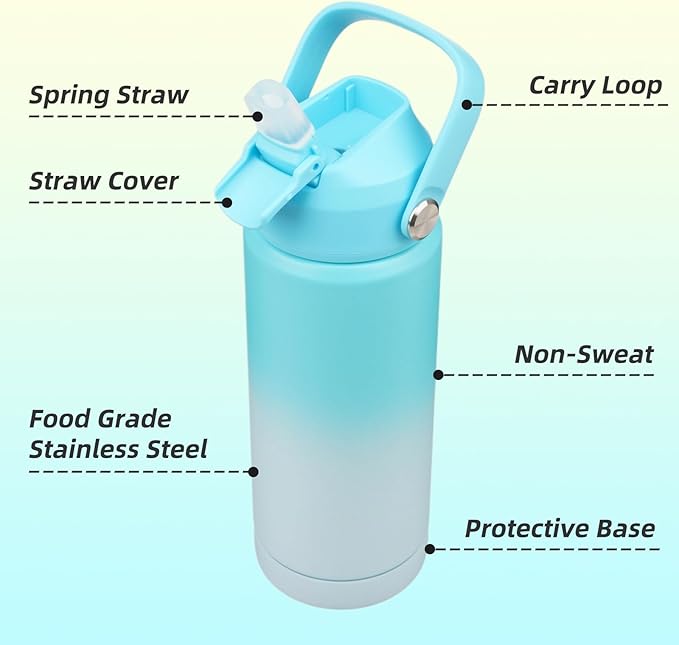 Konokyo Insulated Water Bottle with Straw Lid,18 oz Stainless Steel Vacuum Metal Bottle with Silicone Handle,Sea Salt