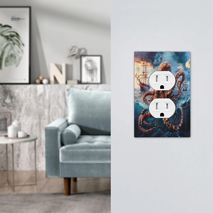 Decorative Outlet Covers Deep Ocean Octopus Sailboat Sea Monster 1 Gang Duplex Light Switch Cover Plate Electrical Switch plates WallPlates Socket Covers for Bathroom Bedroom Decor