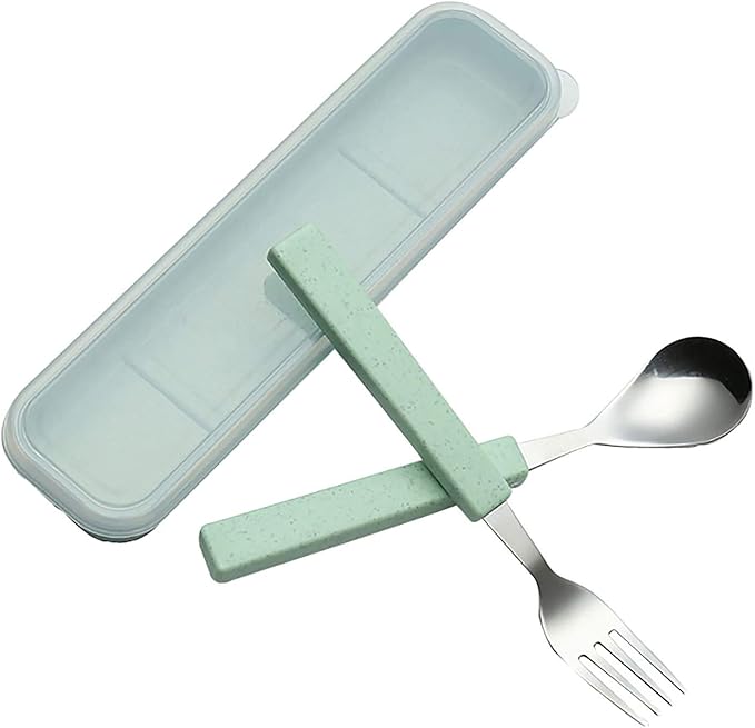 VANRA 2-Piece Children Flatware Set 18/10 Stainless Steel Child Tableware Set Silver Cutlery Set Silverware Dinner Utensils Spoon Fork Set with Travel Case for Kids (Chrome Finished) (Green)