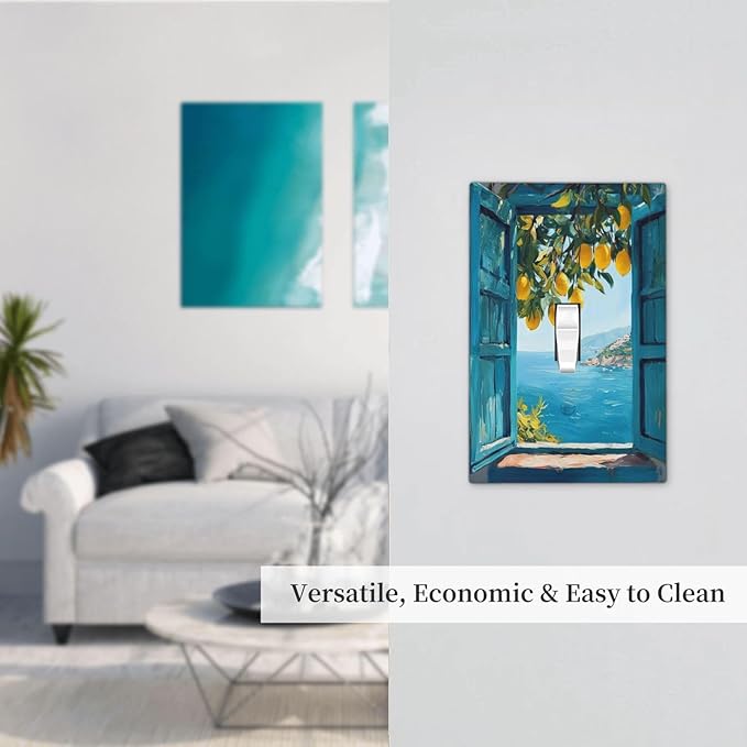 Window View Coastal Lemon Tree Mediterranean Landscape Decorative Light Switch Cover 1 Gang Single Toggle Device Electrical Faceplate Switchplates Decorator Outlet Wall Plate for Bedroom Living Room