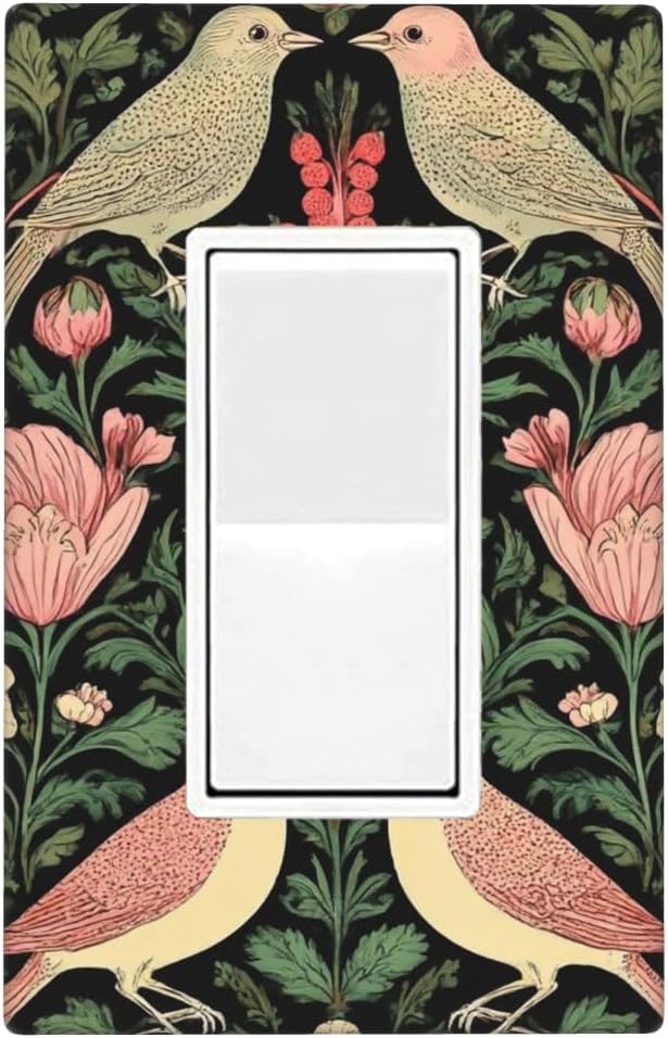 Vintage Bird Floral 1-Gang Rocker Wall Plate, Green Bird Flower Switch Plate for Living Room, Kitchen, Sunroom & Bedroom