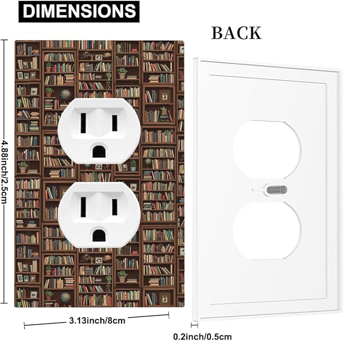 Vintage Library Bookshelf Duplex Wall Plate - 1-Gang Standard US Size Dark Academia Book Lover's Dream Outlet Covers, Cozy Bookshelf for Study Room Decor
