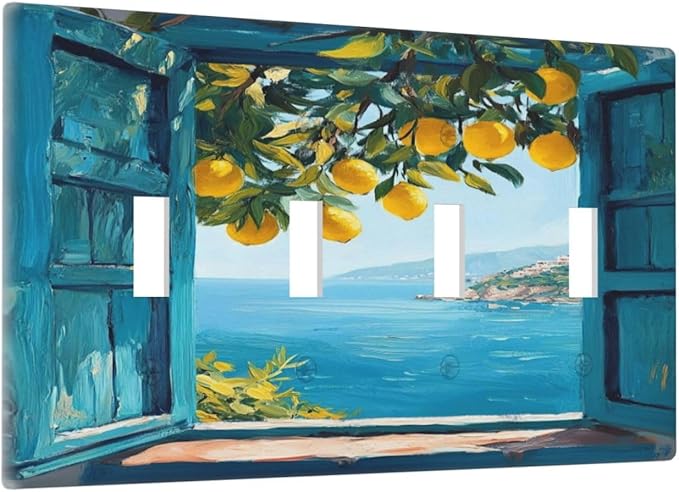 Window View Coastal Lemon Tree Mediterranean Landscape Light Switch Covers Quad Toggle Electrical Faceplate 4 Gang Wall Plate Decorative Switch Plates Cover for Bedroom Living Room Decor