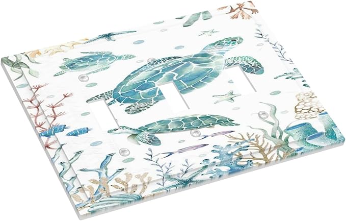 Sea Turtle Ocean Starfish Fish Coral Pearl Decorative Switch Plates 3 Gang Wall Plate Triple Toggle Light Switch Cover Faceplate Electrical Wall Panels for Bathroom Kids Room Decor
