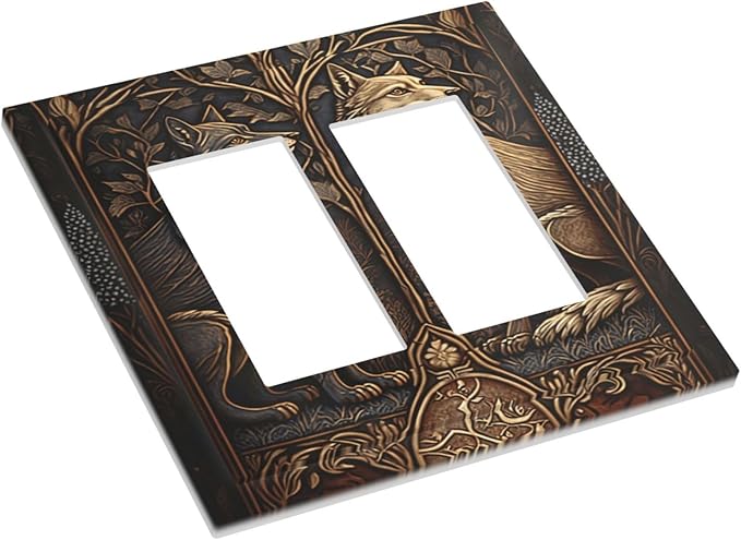 Medieval Wolves Animal Vintage Print Decorative Outlet Covers 2 Gang Double GFCI Rocker Electrical Wall Panels Light Switch Cover Plate for Farmhouse Home Decor