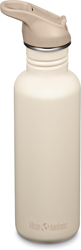 Klean Kanteen 27 oz Classic Water Bottle with Flip Seal Sport Cap & Straw - 100% Leakproof Spout & Cap - BPA-Free Stainless Steel - Easy-Sip Water Bottle - Cupholder Friendly - White Cap Gray