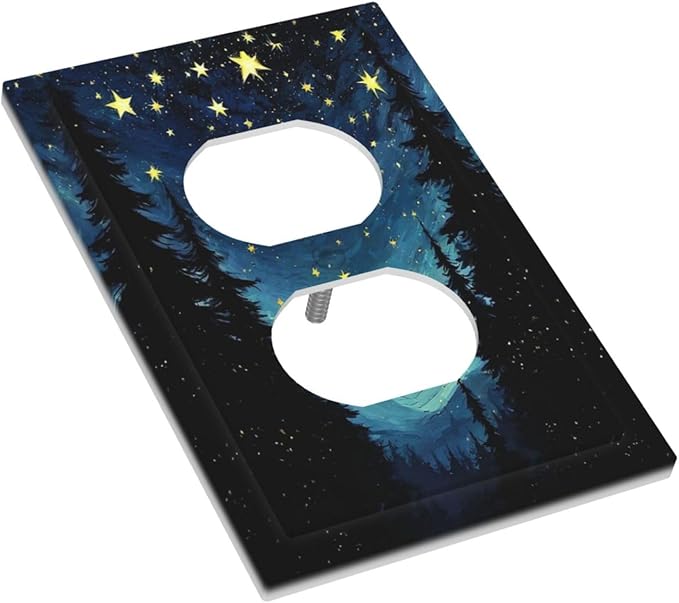 Outlet Covers Blue Starry Sky Forest Painted Star Pine Tree Oil Painting 1 Gang Duplex Electrical Receptacle Faceplate Light Switch Cover Wall Plate Decorative Switch Plates for Bedroom