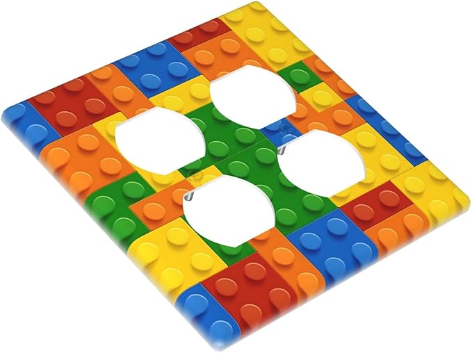 Building Blocks Theme Colored Bricks Print Outlet Covers 2 Gang Double Duplex Decorative Light Switch Covers Electrical Wallplates Socket Faceplate for Room Office Home Decor