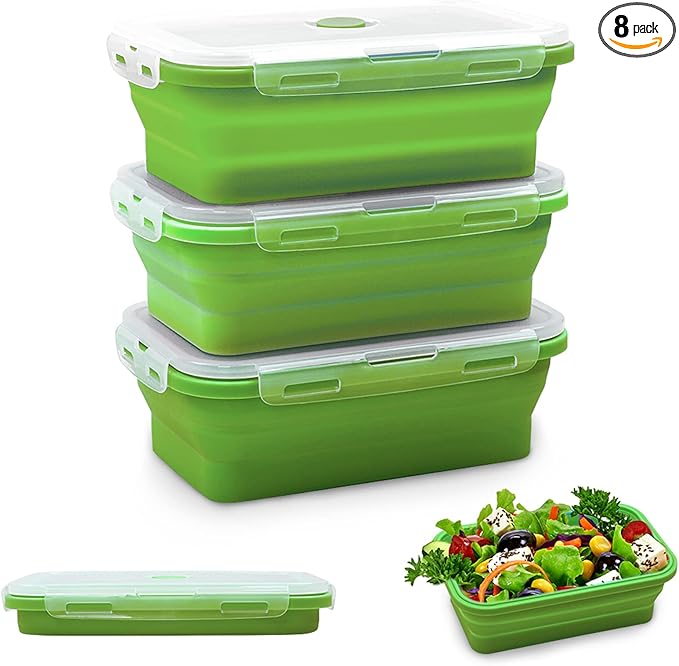 Alimat PluS 27oz Collapsible Food Storage Containers with Lids, 3 Pack Set 800ml Silicone Food Storage Containers, Green Collapsible Food Storage for Kitchen and Outdoor Activities