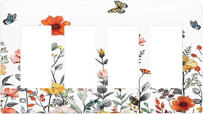Colorful Butterfly Blossom Flower Floral 4 Gang Quad Rocker Light Switch Cover Decorative Quadruple Device GFCI/Decorator Wall Plate Electric Faceplate Screwless