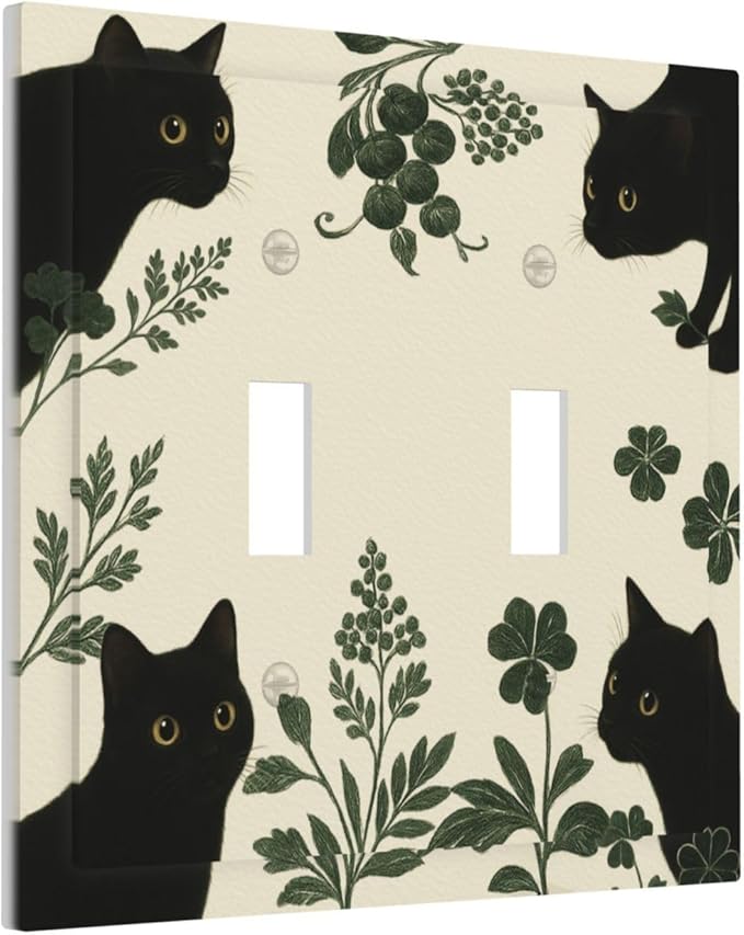 Decorative Light Switch Cover Plate Funny Black Cat Green Leaf 2 Gang Outlet Covers Double Toggle Wall Plates for Electrical Outlets Switch Plate Covers Faceplate for Bedroom Home Decor