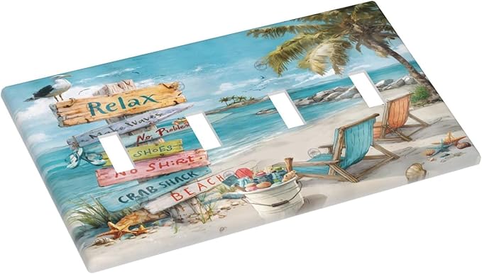 Ocean Beach Tropical Palm Tree Coastal Seaside Light Switch Covers Quad Toggle Electrical Faceplate 4 Gang Wall Plate Decorative Switch Plates Cover for Kids Room Living Room Decor