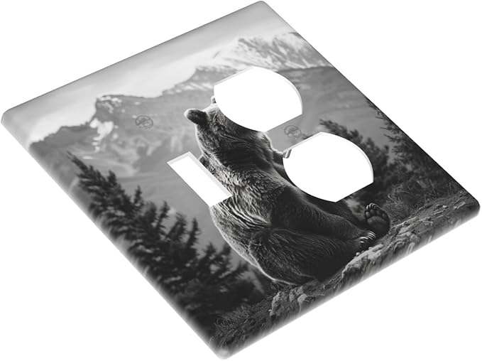 Light Switch Cover Plate Black White Bear Mountain Pine Trees Wilderness 2 Gang Decorative Switch Plates 1 Toggle Duplex Combo Outlet Covers GFCI Wall Plates for Bathroom Bedroom Decor