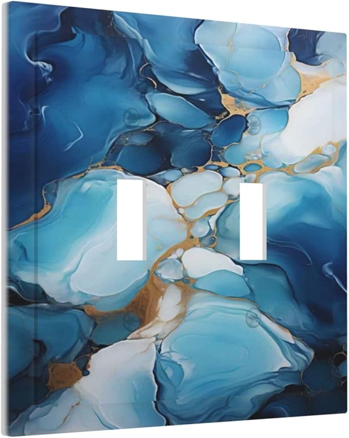 Decorative Light Switch Plate Covers Artistic Abstract Blue Marble Gold Line Painted 2 Gang Wall Plate Double Toggle Switch Cover Plate Electric Dual Device Electrical Faceplate