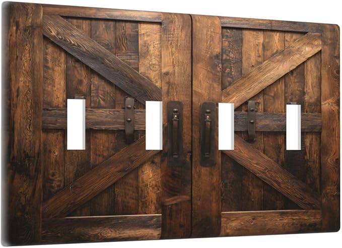 Decorative Light Switch Cover Plate Retro Brown Wood Barndoor 4 Gang Wall Plates for Electrical Quad Toggle Switch Plate Covers Outlet Covers Faceplate for Farmhouse Home Decor