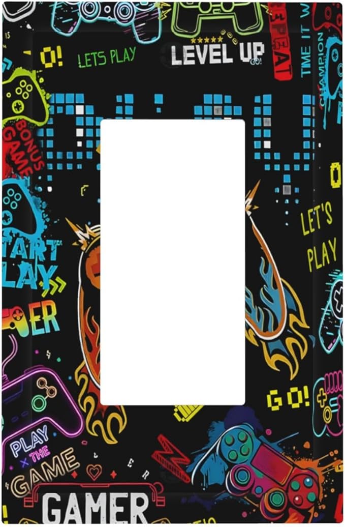 Gamer Video Game Themed Cool Controller Print Decorative Outlet Covers 1 Gang Single Rocker Light Switch Cover Plate Wall Plates GFCI Faceplate for Kids Room Office Decor