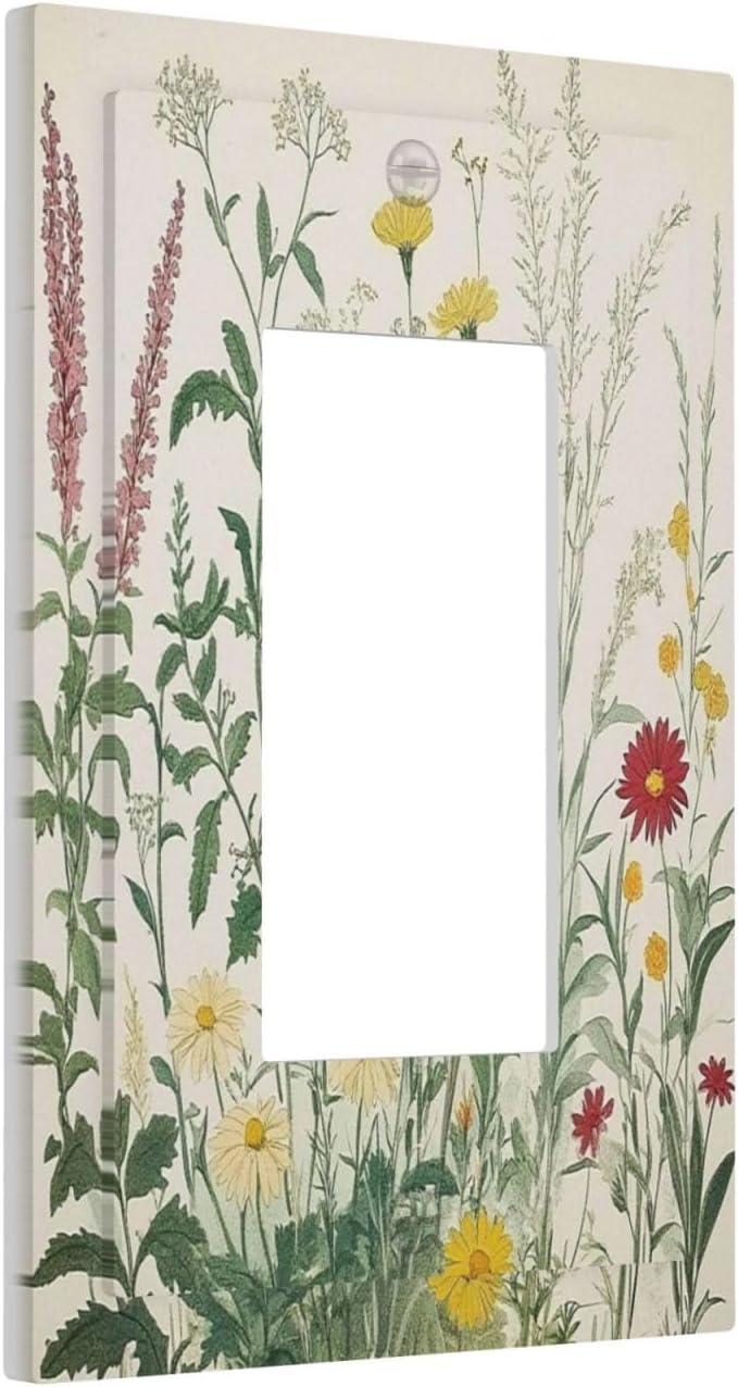 Rustic Wildflower Green Plants Daisy Floral Decorative Outlet Covers 1 Gang Single Rocker Light Switch Cover Plate Wall Plates Gfci Faceplate For Farmhouse Bed Room Decor