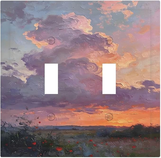 Abstract Sunset Dusk Natural Scenery Wild Flowers Decorative Switch Plates 2 Gang Double Toggle Outlet Light Switch Cover Wall Plate Electrical Faceplate for Farmhouse Bedroom Decor