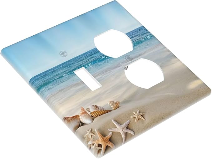 Outlet Covers Summer Beach Starfish Shells 2 Gang Combination 1 Toggle/1 Duplex Light Switch Cover Decorative Gfci Wall Plate Electrical Receptacle Switchplate Faceplate for Kitchen Decor