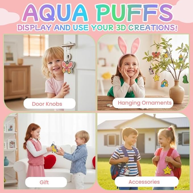 SJHSJH Aqua Puffs 3D Art Kit for Kids, Mess-Free Paint by Number Crafts with Princesses & Unicorns, DIY Color & Inflate Activity Set, Creative Travel Toy & Gift for Girls & Boys Ages 4-10