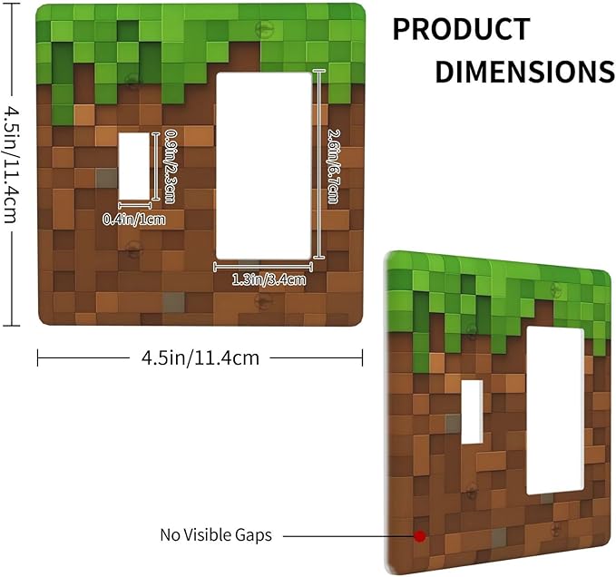 Pixel Style Gamer Themed Grass Block Outlet Covers 1 Toggle 1 Rocker Combination Decorative Wall Plate Electrical Switch Plates Light Switch Cover Plate for Kids Room Office Home Decor