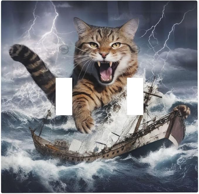 Decorative Light Switch Plate Covers Funny Cat Sea Ship Ocean Billow Wave Novelty 2 Gang Wall Plate Double Toggle Switch Cover Plate Electric Dual Device Electrical Faceplate