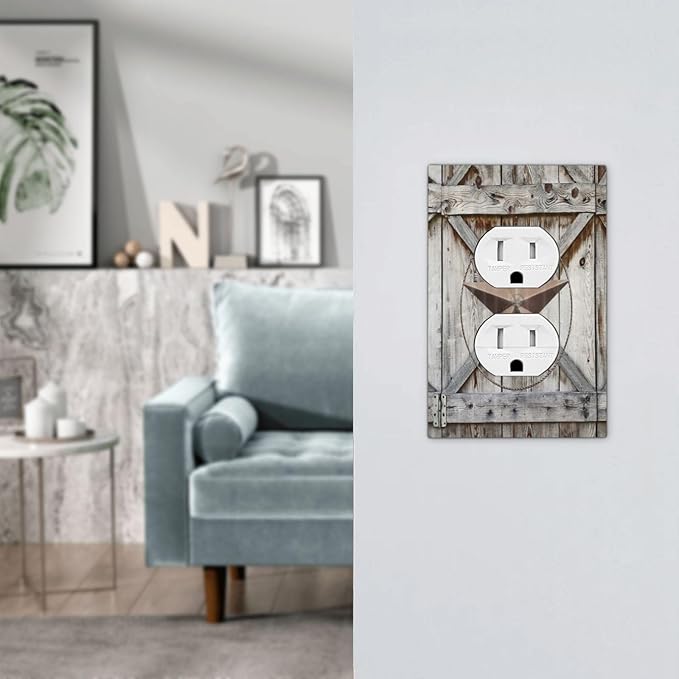 Rustic Western Texas Star Barn Door 1 Gang Outlet Plate Covers Decorative Single Duplex Wall Plate Electrical Receptacle Light Switch Cover Art Faceplate Switchplate for Farmhouse Living Room Decor