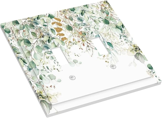 Gold Green Eucalyptus Leaves Plants Flowers Floral Decorative Switch Plates 2 Gang Double Toggle Outlet Light Switch Cover Wall Plate Electrical Faceplate for Bedroom Living Room Decor