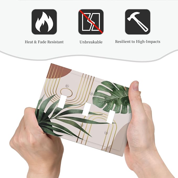 Mid Century Boho Mid Size 3 Gang Triple Toggle Light Switch Cover Wallplate Minimalist Aesthetic Art Abstract Tropical Green Palm Leaves Decorative Outlet Cover Electrical Faceplate Switch Face Plate