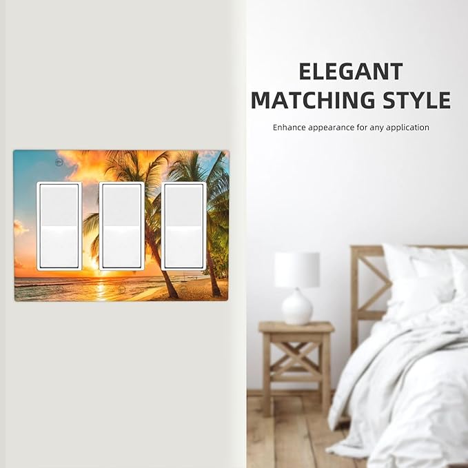 Light Switch Cover Sunset Beach Palm Tree Seascape 3 Gang Wall Plate Triple Light Switch Plate Tropical scenery Rocker GFCI Outlet Covers Decorative Receptacle Cover for Bathroom Home Decor