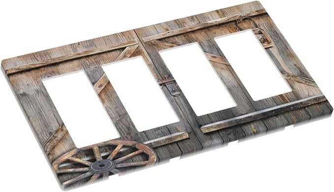 Wood Garage Barn Door Cabin 4 Gang Quad Rocker/GFCI/Decorator Light Switch Cover Plate Decorative Electric Faceplate Decorative Switchplate Screwless