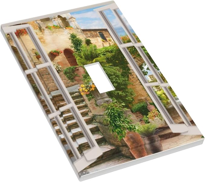 Mediterranean Greece Scene Flowers Single Toggle Wall Plate Covers 1 Gang Light Switch Cover Italian Town from Another Window Faceplate Decorative Electrical for Bathroom Kitchen Home Decor