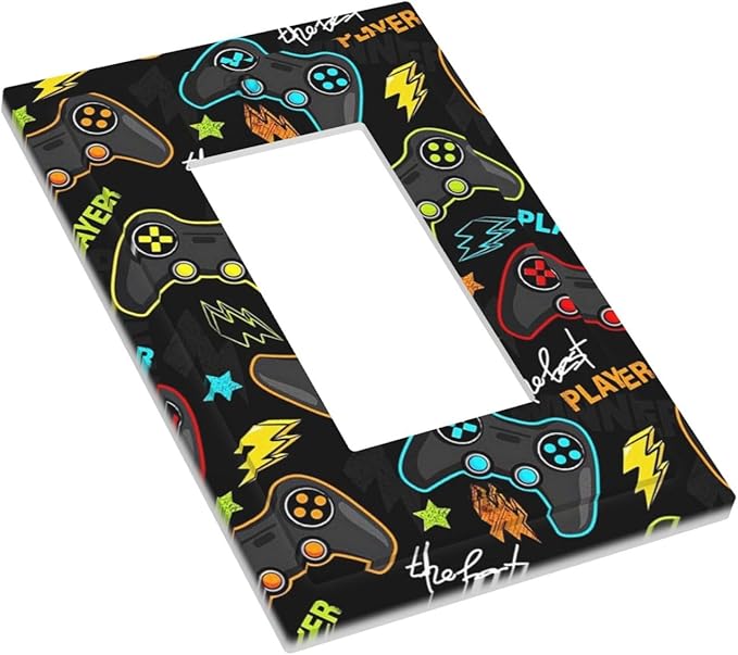 1 Gang Electrical Decora/GFCI Device Wallplate Fun Graffiti Video Game Controller Gaming Gamer Teen Kids Boys Gamepad Single Decorator Rocker Outlet Light Switch Cover Electrical Faceplate Dimmer