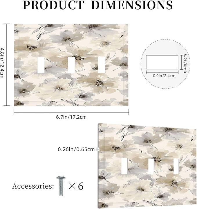 Decorative Light Switch Cover Plate Beige Flower Watercolor Flower 3 Gang Wall Plate Triple Toggle Switch Plate Covers Electrical Outlet Cover for Bedroom Home Decor