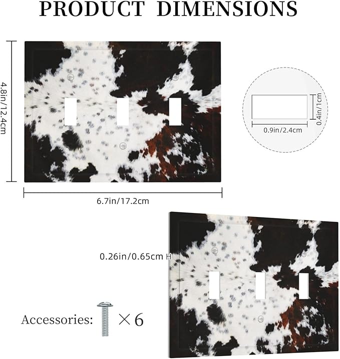 Western Black White Brown Cow Decorative 3 Gang Triple Toggle Light Switch Cover Highland Cowhide Wild Animal Fur Skin Spots Cheetah Leopard Print Wall Plate Electrical Three Device Switch Face Plate