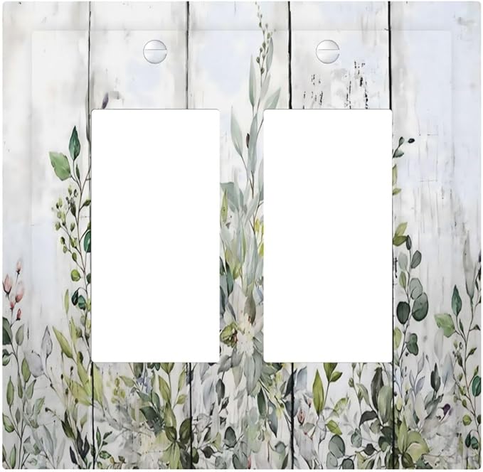 Sage Green Eucalyptus Rustic Country Botanical Leaf Flower Decorative Outlet Covers 2 Gang Double GFCI Rocker Electrical Wall Panels Light Switch Cover Plate for Farmhouse Bedroom Decor