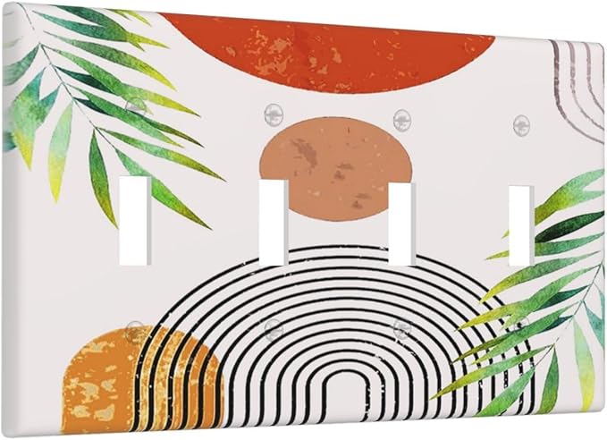 60s Boho Sun Mid Century Decorative 4-Gang Quad Toggle Light Switch Wall Plate Cover, Orange Abstract Art Aesthetics Green Olive Quadruple Toggle Device Switches Wall Plate Outlet Covers Standard Size