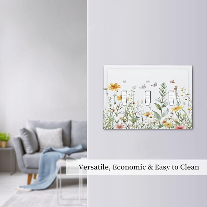Light Switch Cover Plate Rustic Colorful Floral Butterfly Watercolor Flowers 3 Gang Triple Toggle Decorative Switch Plates Wall Plates Electrical Switchplate Faceplate for Bathroom Bedroom