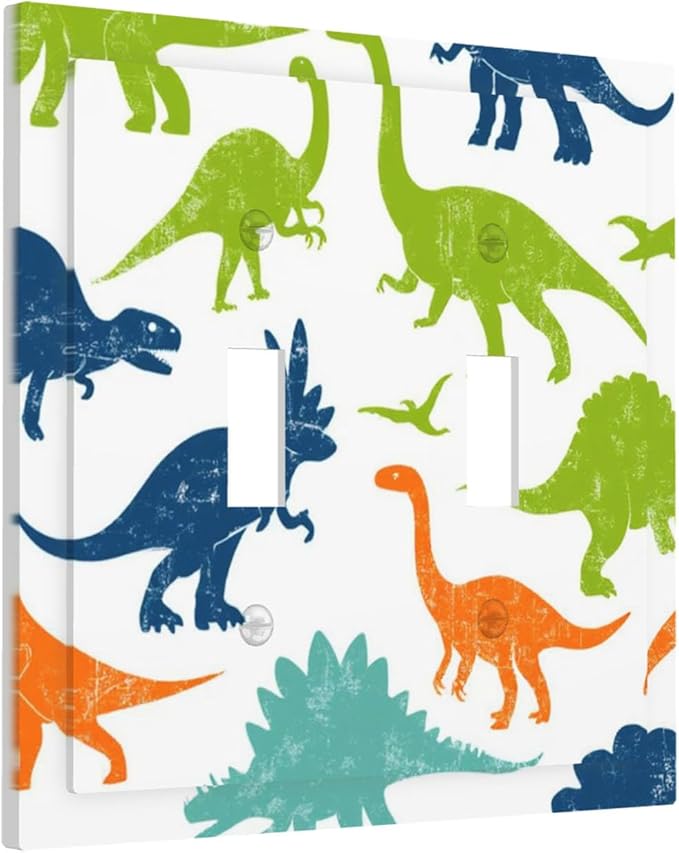 Colorful Dinosaur Double Toggle Switch Cover - 2-Gang Standard US Size Playful Dino Friends Light Switch Covers for Teen Boys Bedroom Playroom Decor