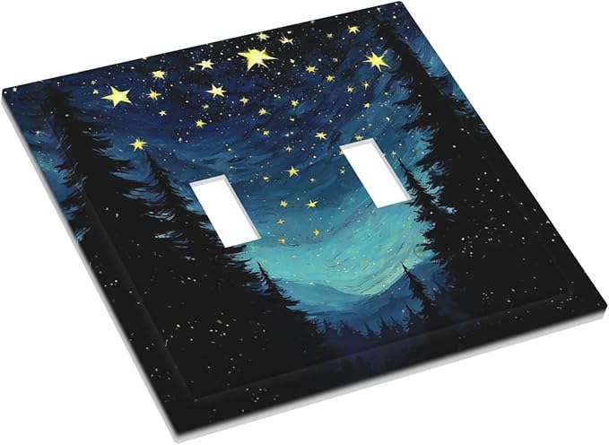 Decorative Switch Plates Blue Starry Sky Forest Painted Star Pine Tree Oil Painting 2 Gang Double Toggle Wall Plate Outlet Light Switch Cover Electrical Faceplate for Bedroom Cabin Decor