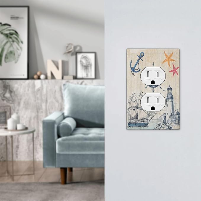 Nautical Sailboat Beach Anchor Pirate Beacon Ocean 1 Gang Outlet Plate Decorative Single Duplex Wall Plate Covers Electrical Receptacle Light Switch Cover Faceplate Switchplate for Farmhouse Decor