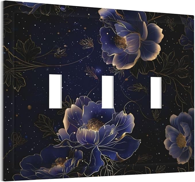Navy Blue Floral Vintage Flower Dark Watercolor Decorative Switch Plates 3 Gang Wall Plate Triple Toggle Light Switch Cover Faceplate Electrical Wall Panels for Bedroom Living Room Decor